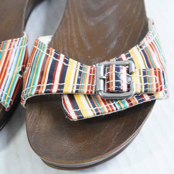 Dr Scholls Multi Color Striped Buckle Slide Sandals Wood Grain Sole Size 8 - Picture 3 of 9